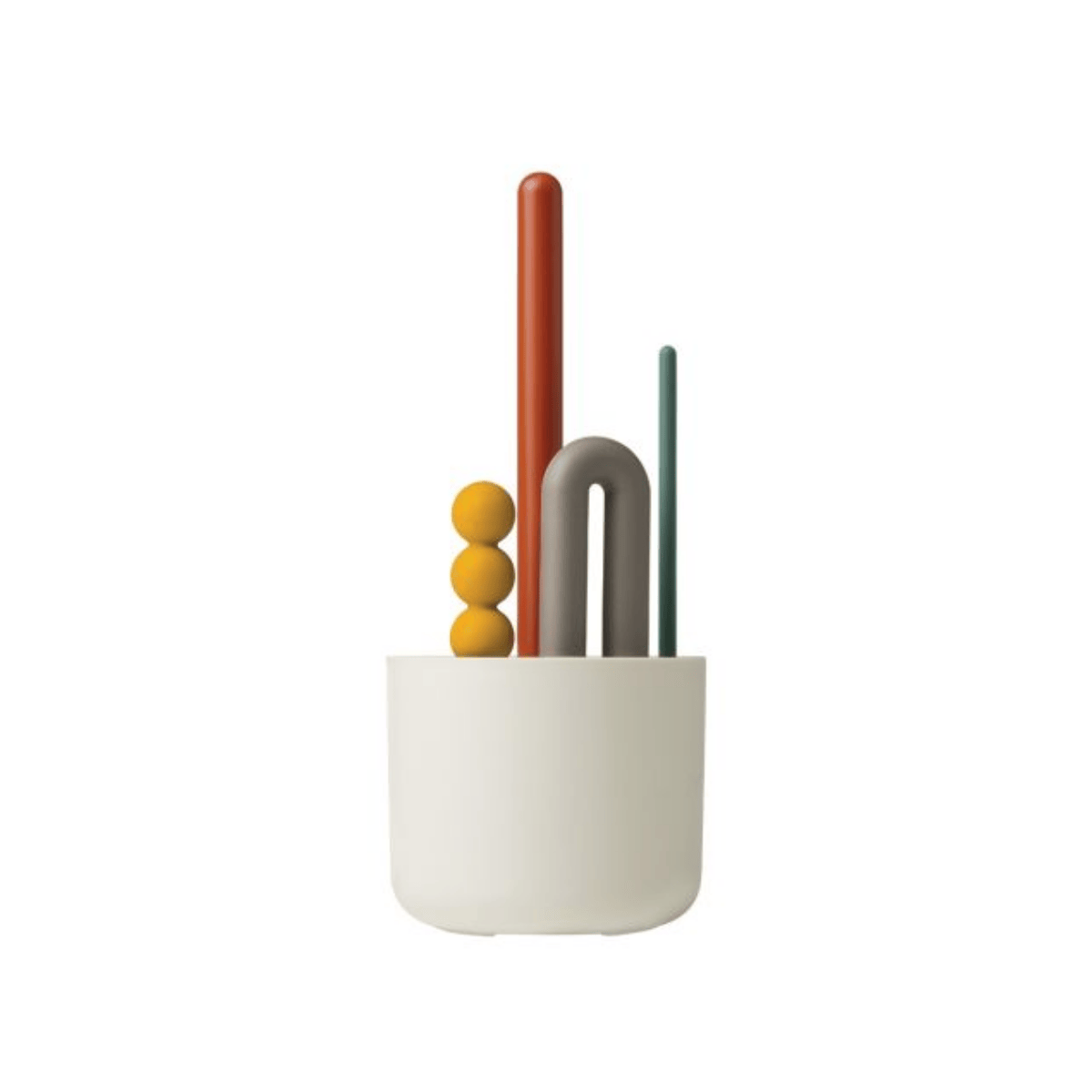 White cylindrical container with colorful bottle brushes on a white background