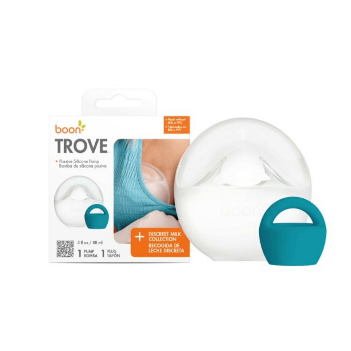 Silicone pump with teal handle and packaging displaying 'boon TROVE' branding.