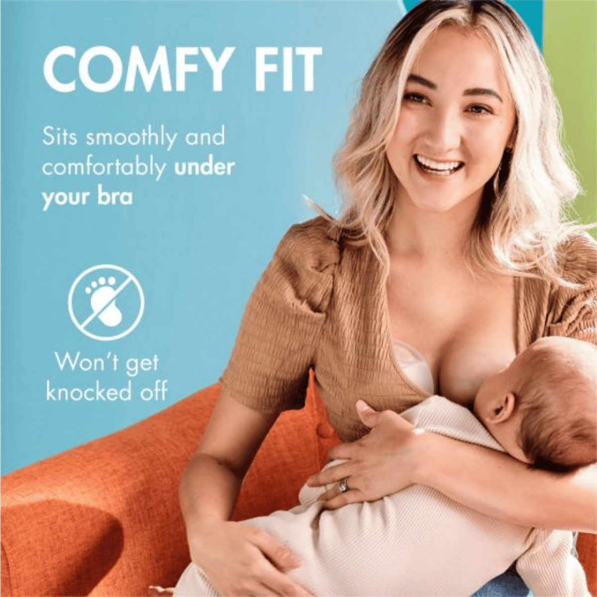 Woman holding a baby with promotional text about a product's comfort and stability features.