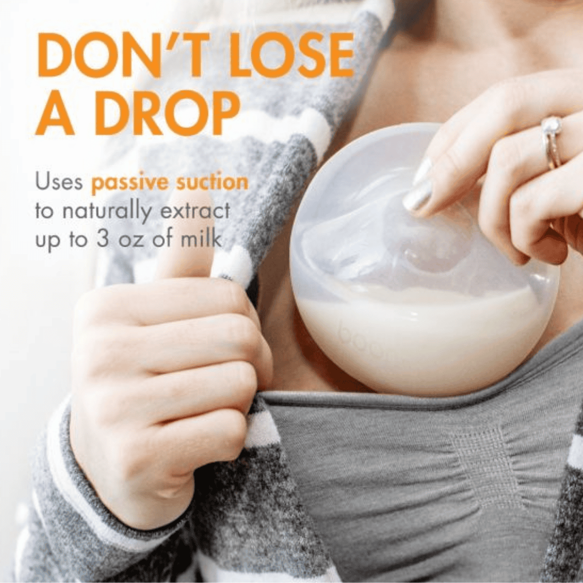 Person using a breast pump with text 'Don't Lose A Drop' and 'Uses passive suction to naturally extract up to 3 oz of milk'.