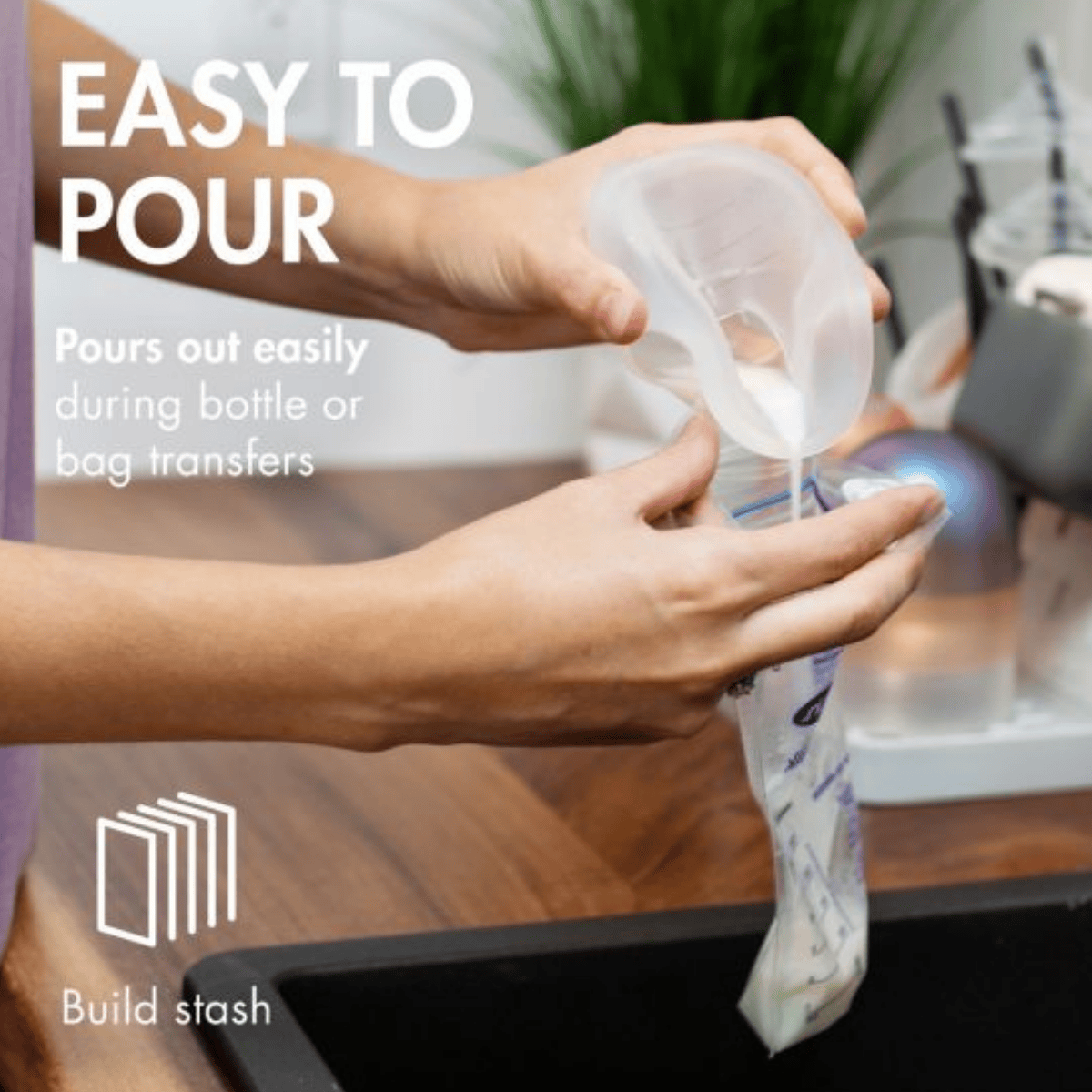 Person pouring a substance from a bag into a container with text 'Easy to Pour' and 'Build stash' logo.
