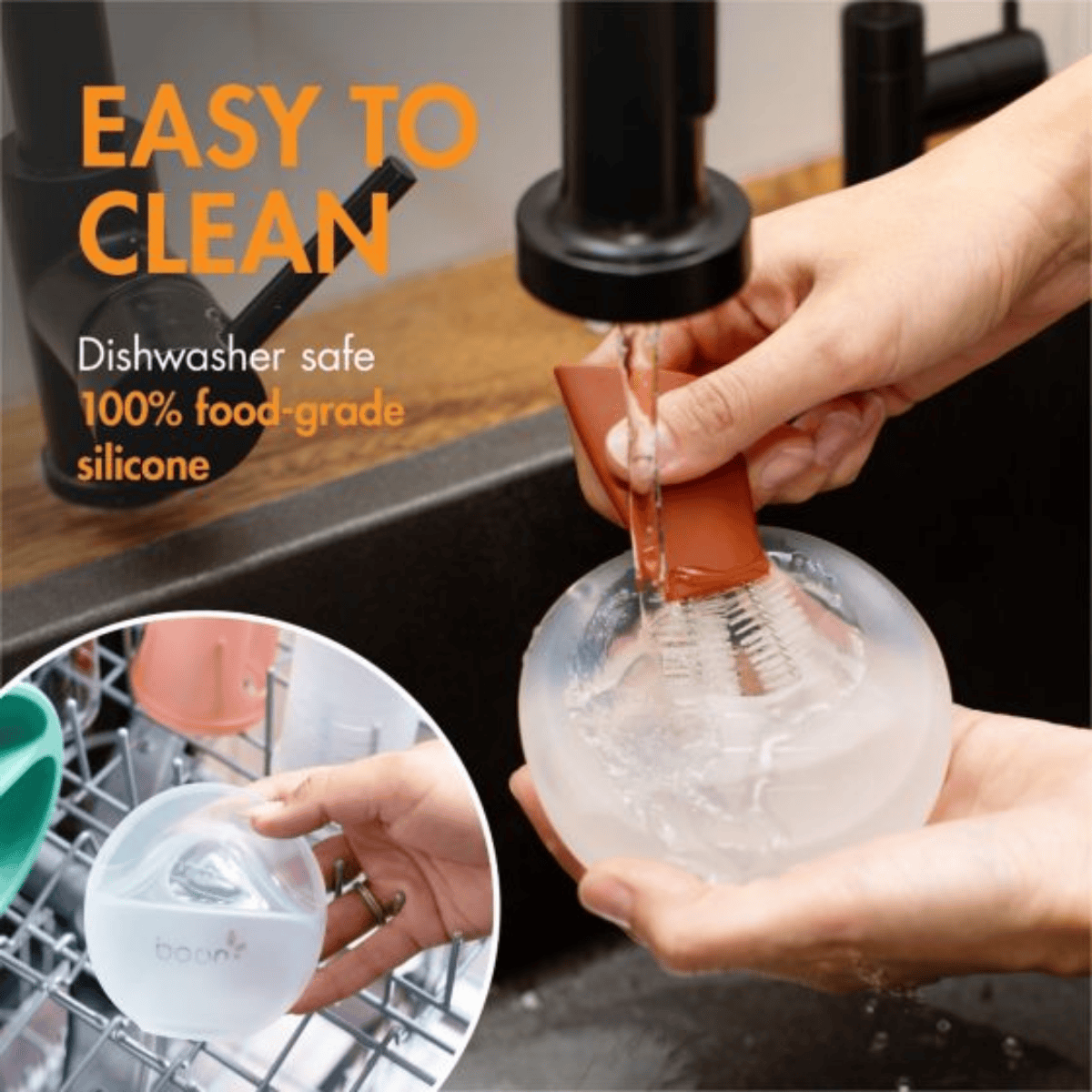Boon TROVE Silicone Breast Pump being washed under running water with text highlighting its dishwasher-safe and food-grade silicone properties.