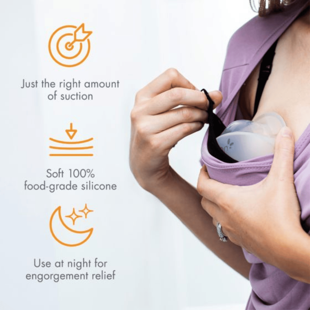 Person using a Boon TROVE Silicone Breast Pump with text highlighting features on a white background