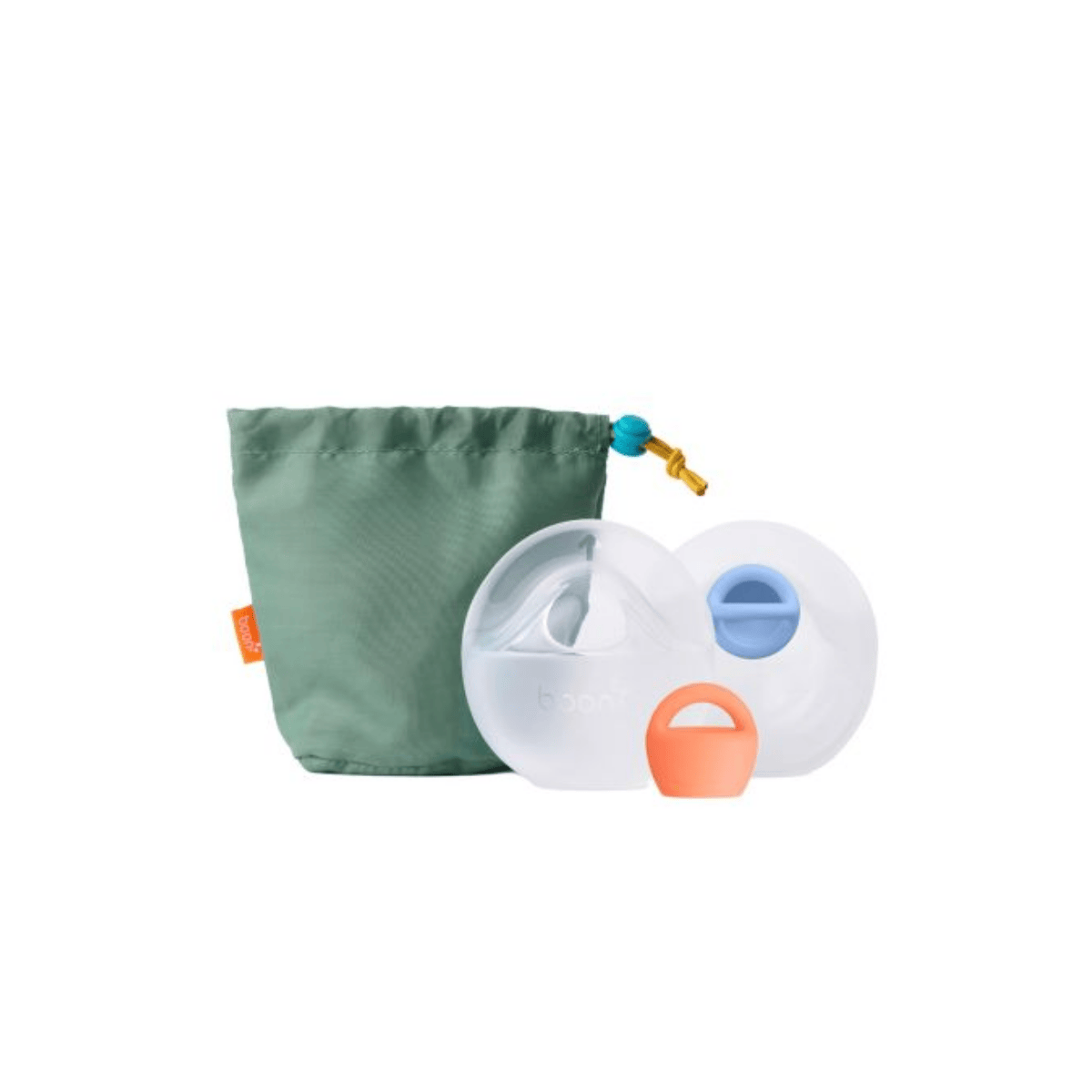 Green drawstring bag with BOON - Trove Breast pumps on a white background. 