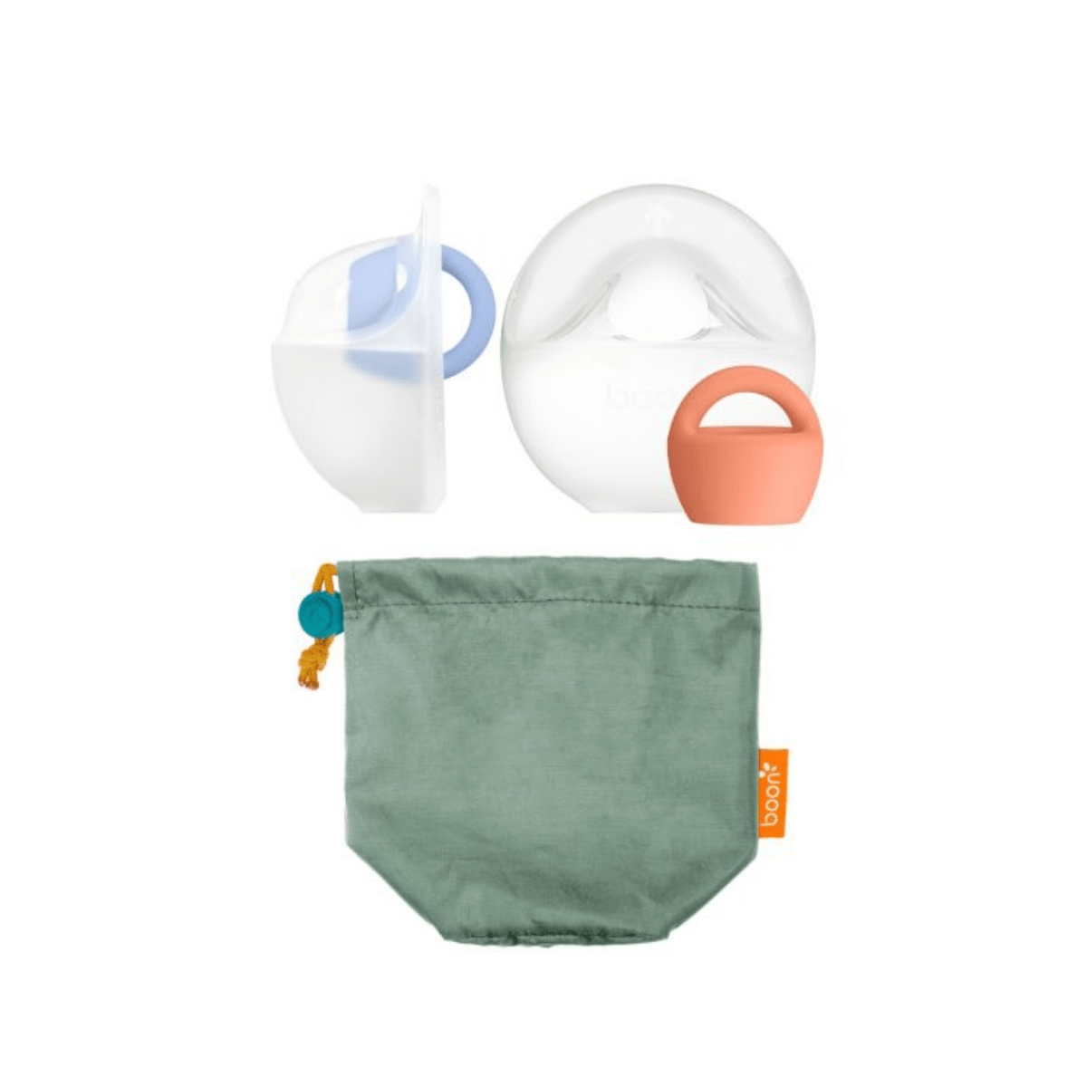 BOON - Trove Breast pumps and a green pouch on a white background