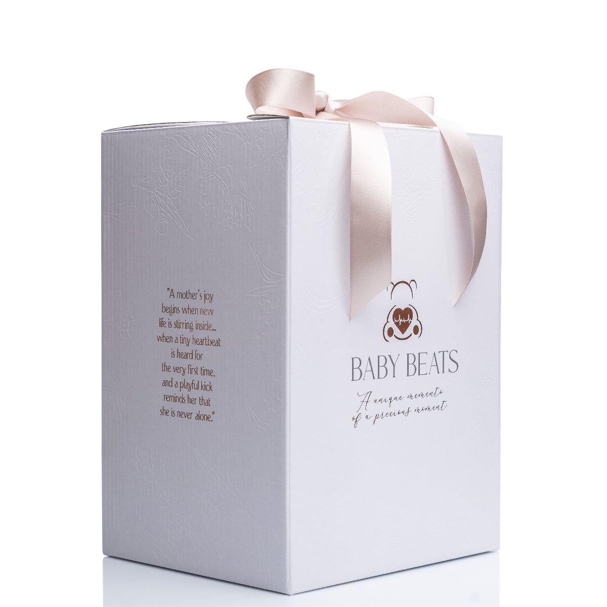 White gift box with pink ribbon and &#39;Baby Beats&#39; branding on a white background