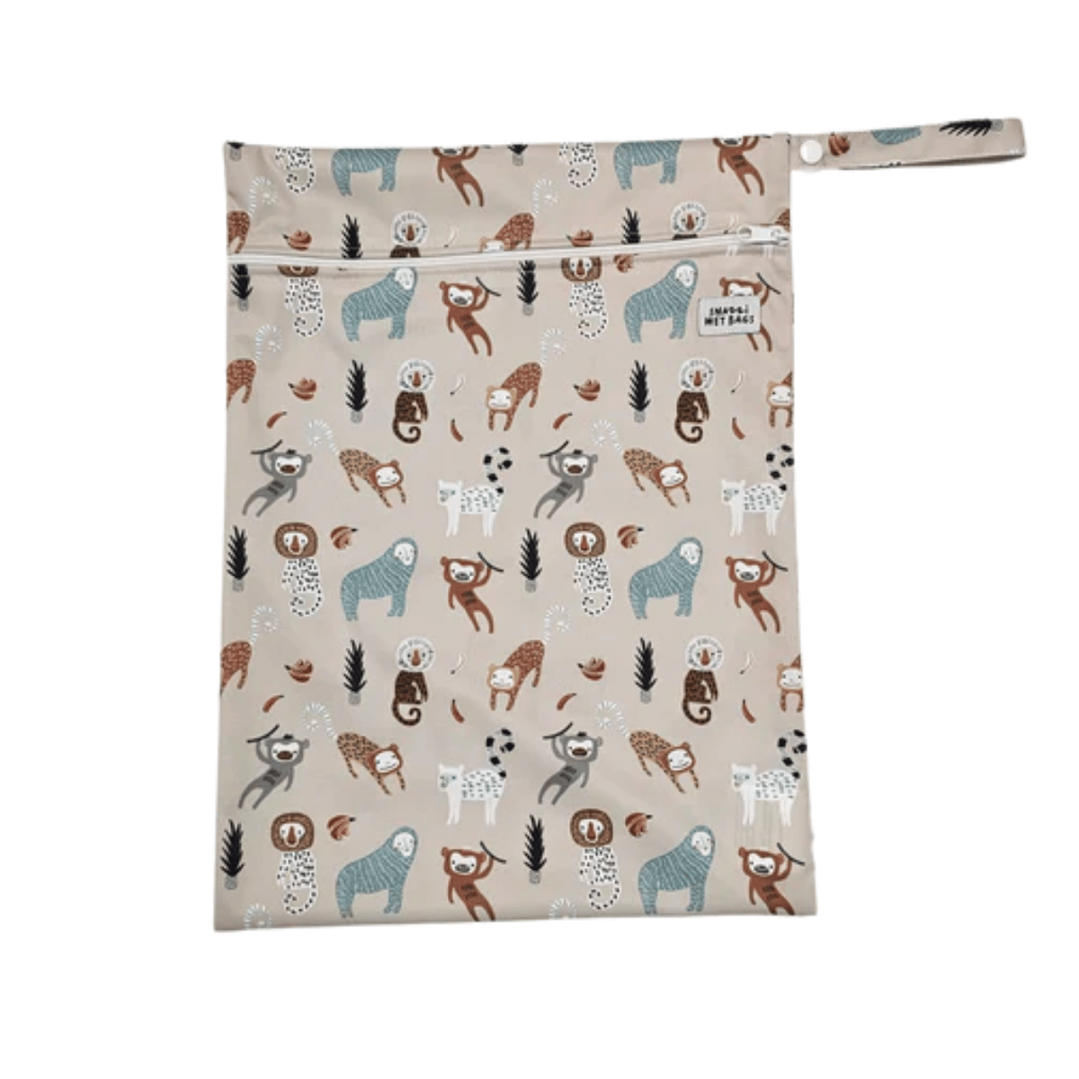Patterned wetbag pouch with animal design on a beige background