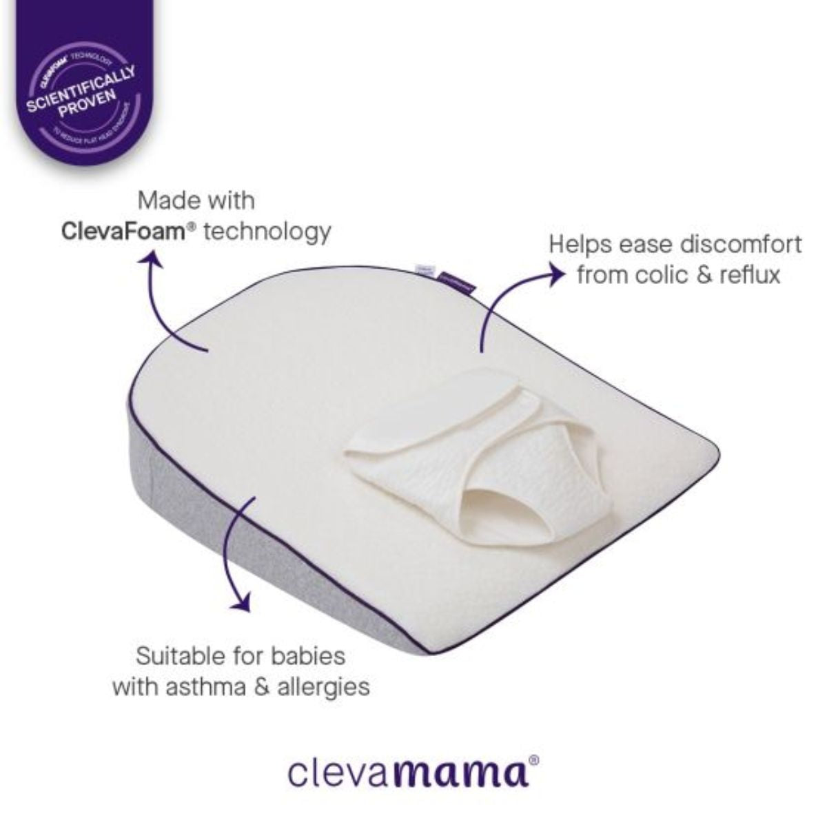 ClevaMama baby pillow with ClevaFoam technology on a white background