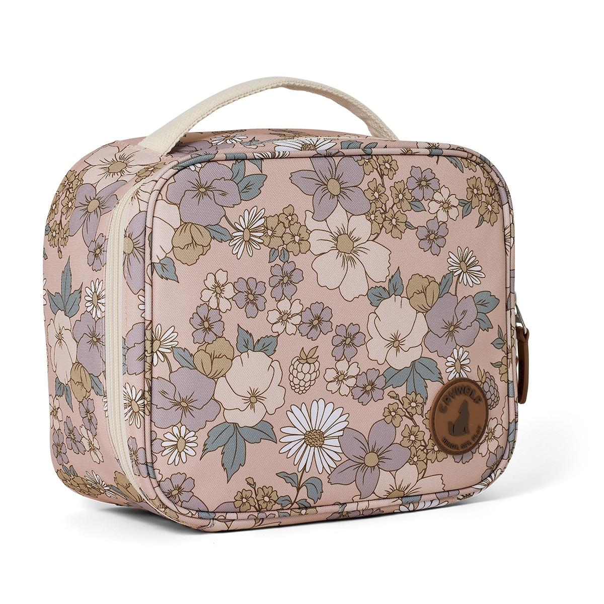 An eco-friendly Daisy Floral Crywolf Everyday Lunch Bag made from recycled materials, featuring a water-resistant finish, insulated interior, and top zip closure. The bag has a top carry handle and a mesh pocket inside for organization and a silicone Crywolf logo visible on the front.