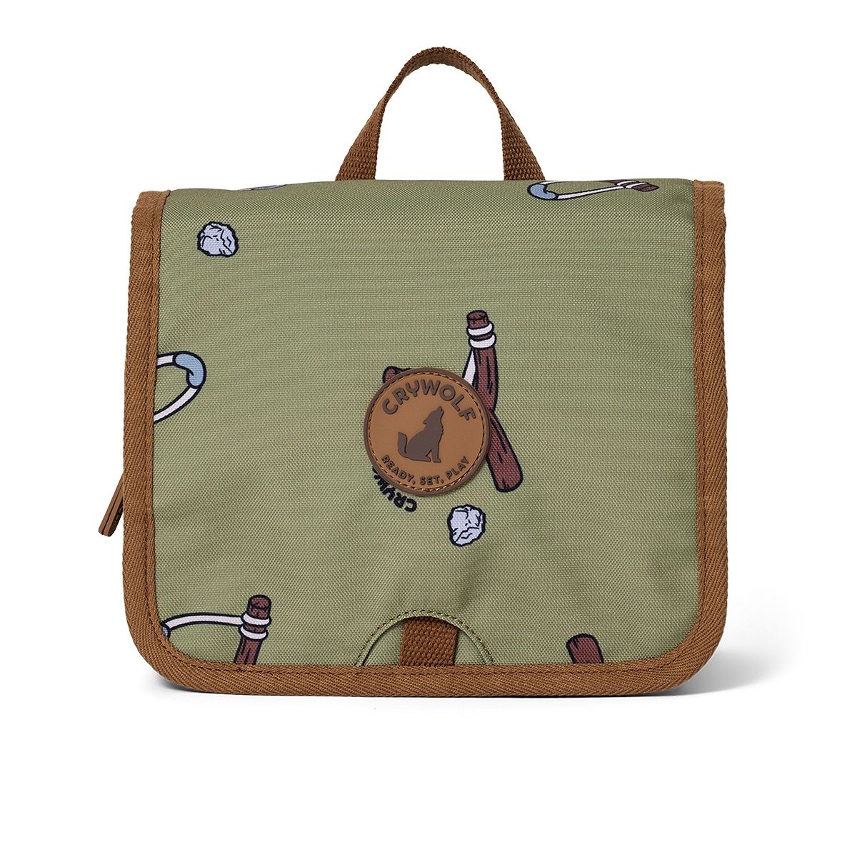 A hanging toiletry bag with a khaki and brown design for kids to take away on holiday or to keep their bathroom organised.