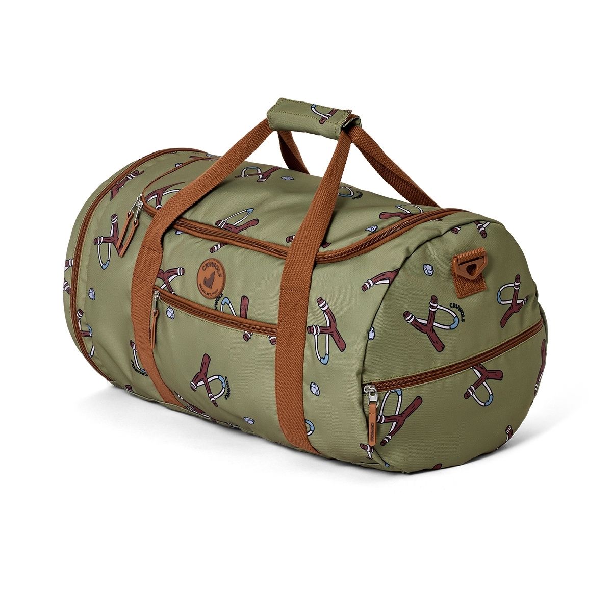 This Crywolf Packable Duffel is in a green and brown design. It is perfect for weekend trips and sleepovers.