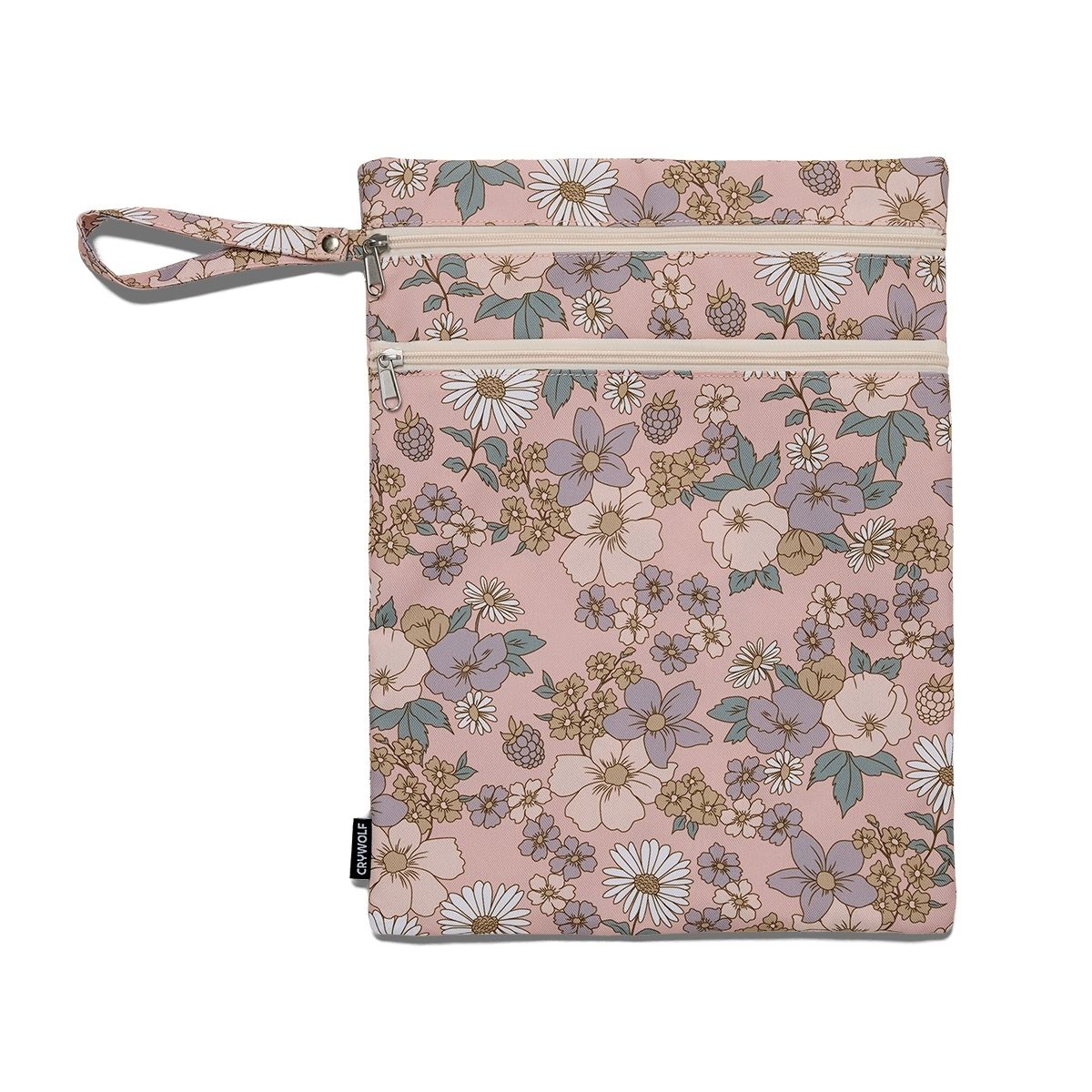 Eco-friendly Crywolf Wet Bag made from recycled materials, featuring a water-resistant exterior and waterproof-coated interior. Dual zip compartments provide wet and dry storage, with a convenient carry wrist strap. Daisy Floral pattern.
