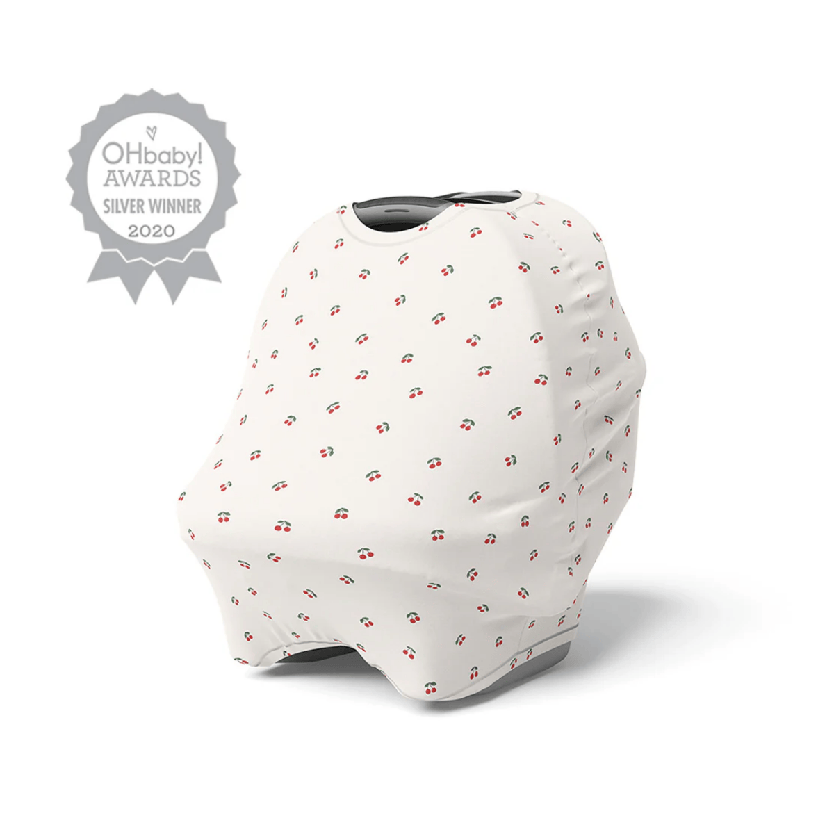Baby car seat and pram cover with cherry pattern on a white background, featuring OHbaby Awards silver winner badge.