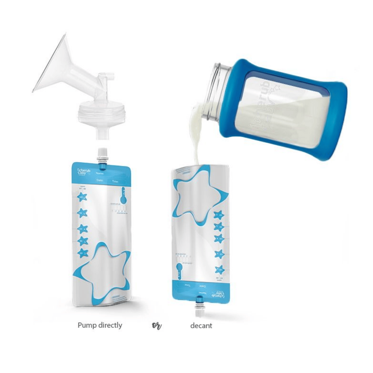 Breast pump with a collection bag and a bottle being filled with milk on a white background