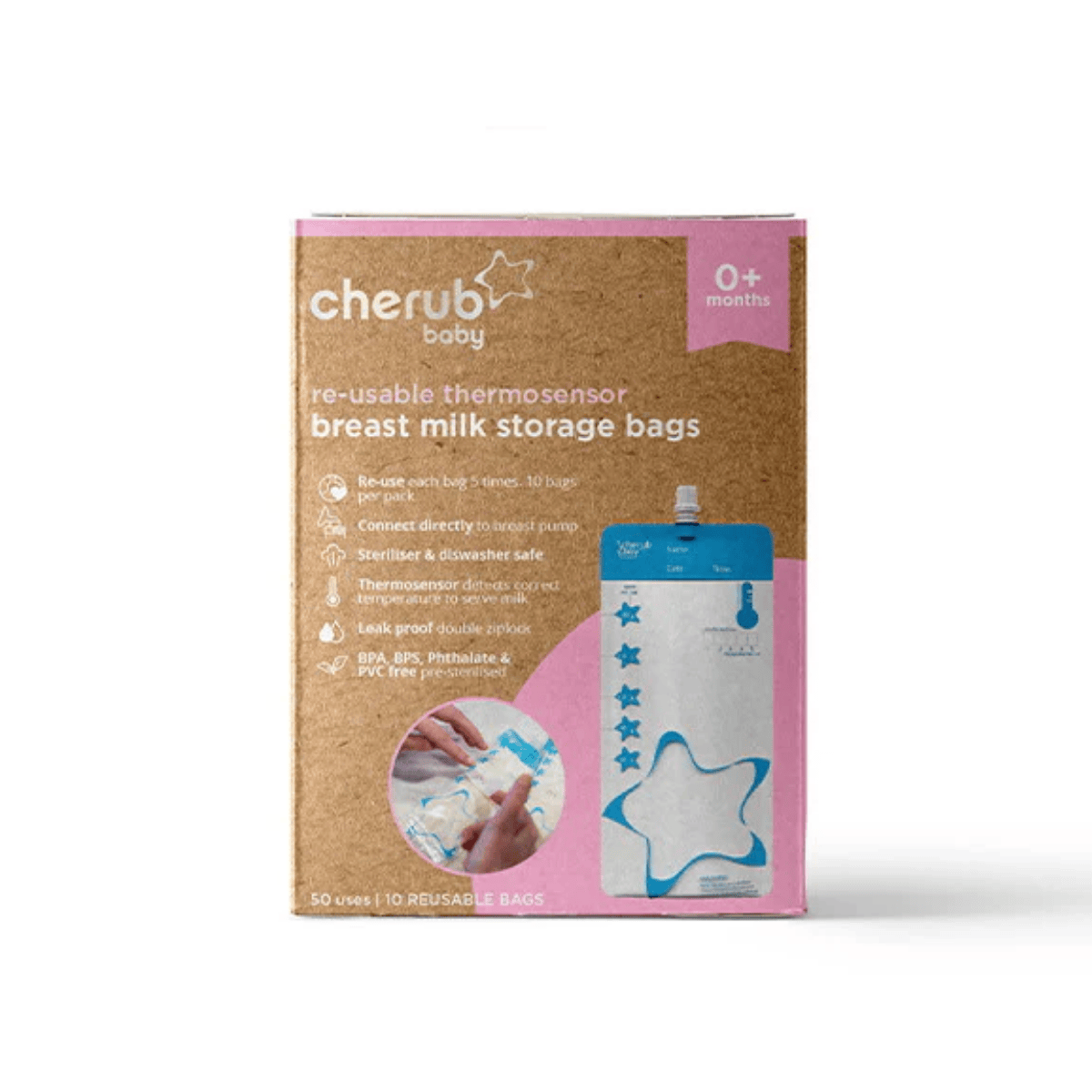 Box of Cherub Baby breast milk storage bags on a white background