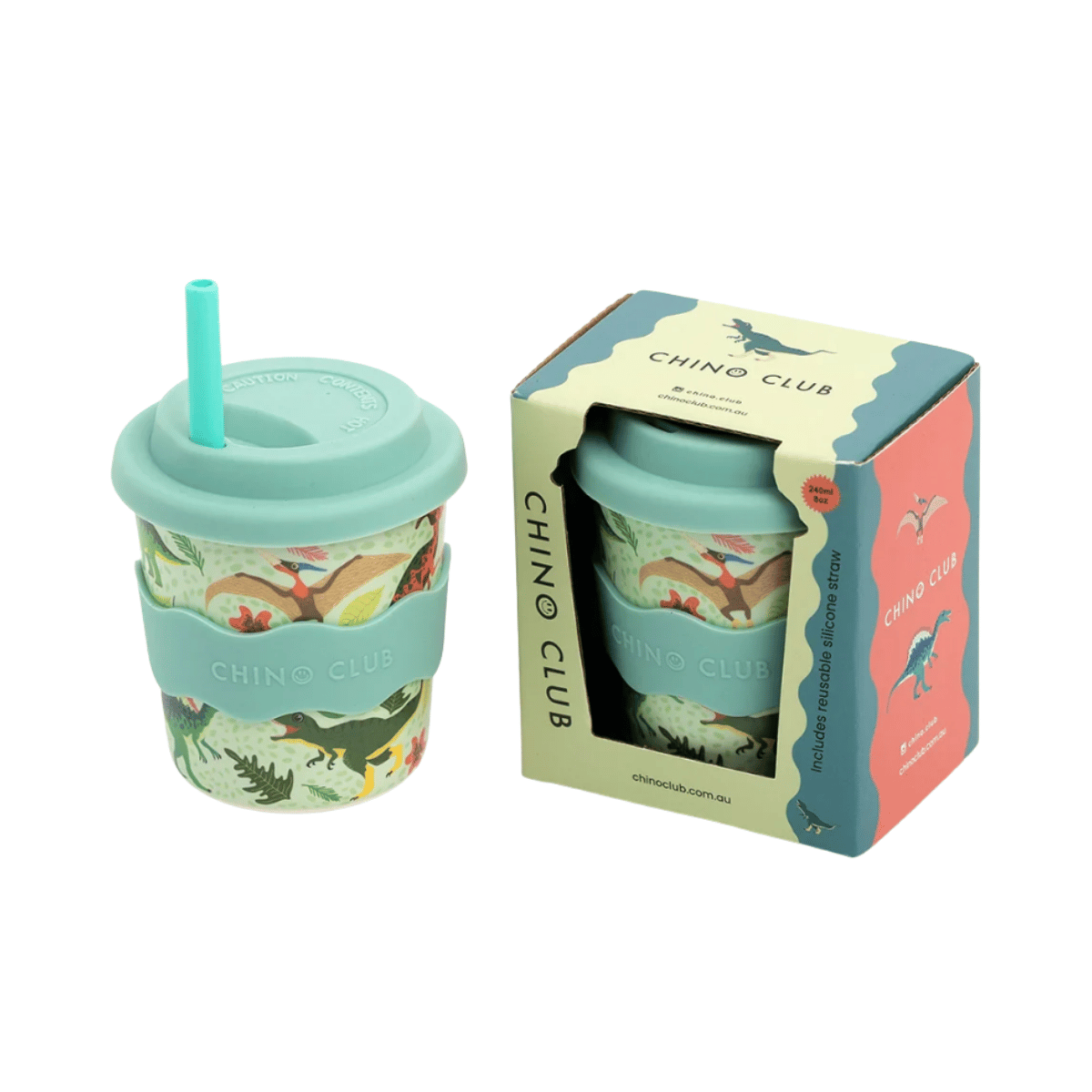A dinosaur-themed reusable tumbler cup with a teal lid and straw, shown next to its branded retail box on a white background.