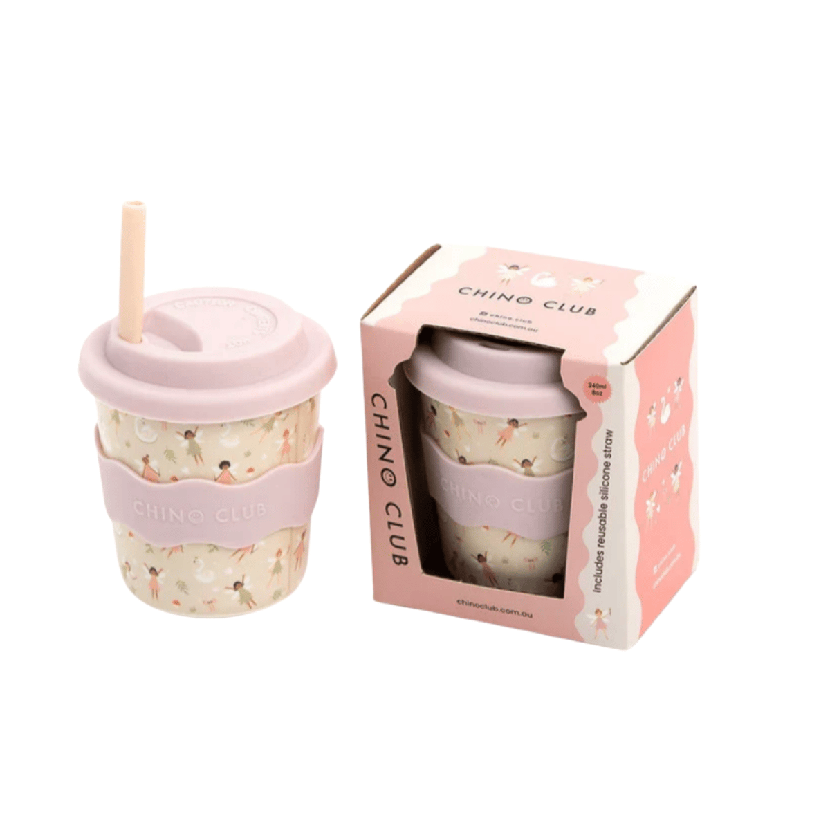 A pink and cream patterned bamboo straw cup with a matching lid and sleeve, shown next to its pink Chino Club retail box on a white background.