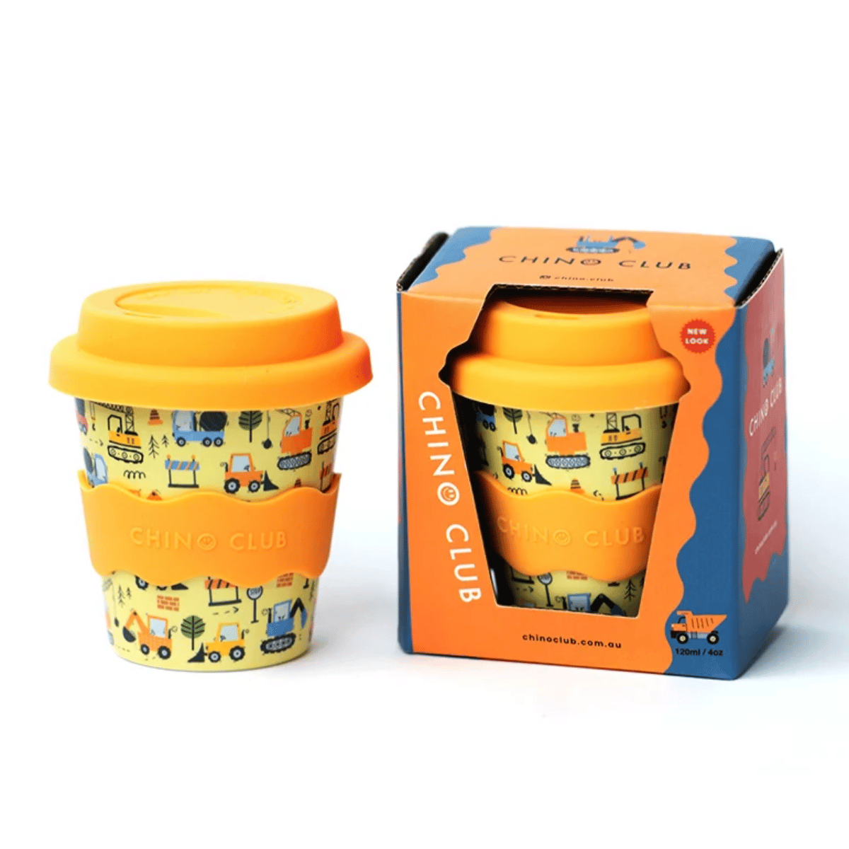 A reusable yellow fluffy cup with an orange lid and sleeve, printed with small construction vehicle illustrations, shown next to its orange and blue Chingo Club retail box on a white background.