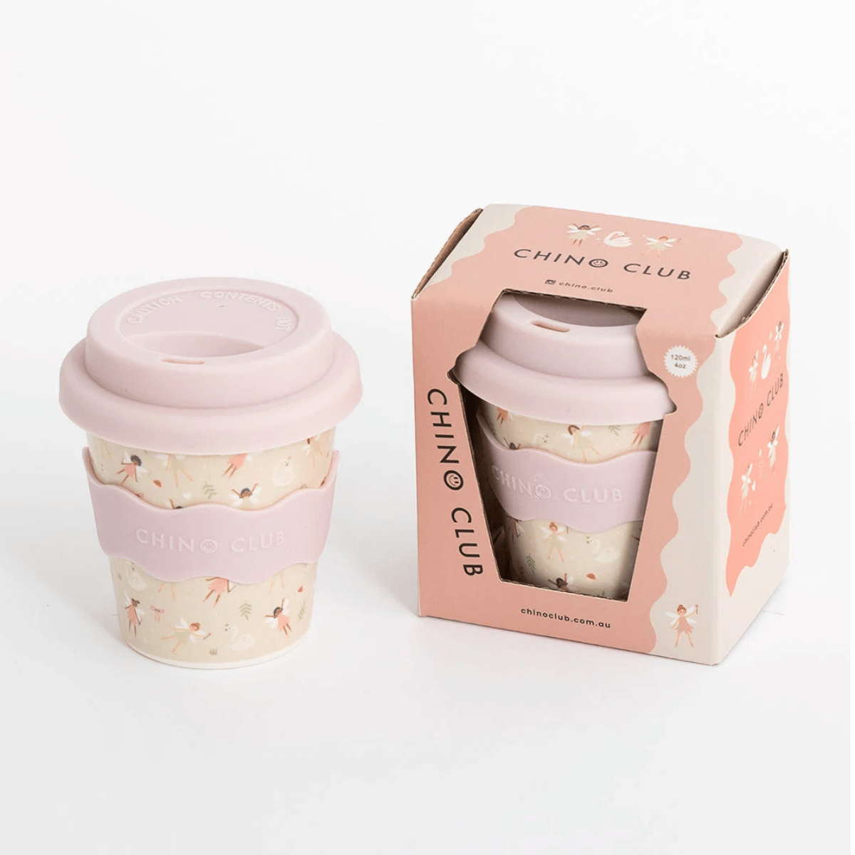 A reusable paper fluffy cup with a pale pink lid and sleeve, decorated with small pink and orange fairy illustrations, stands next to its pink branded box. The box is labeled CHINO CLUB.
