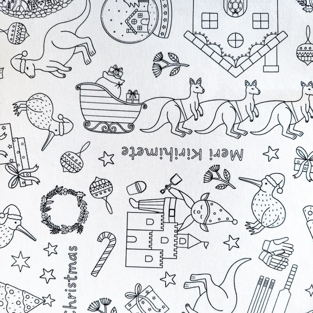 Coloring page with black and white Christmas-themed illustrations on a white background.