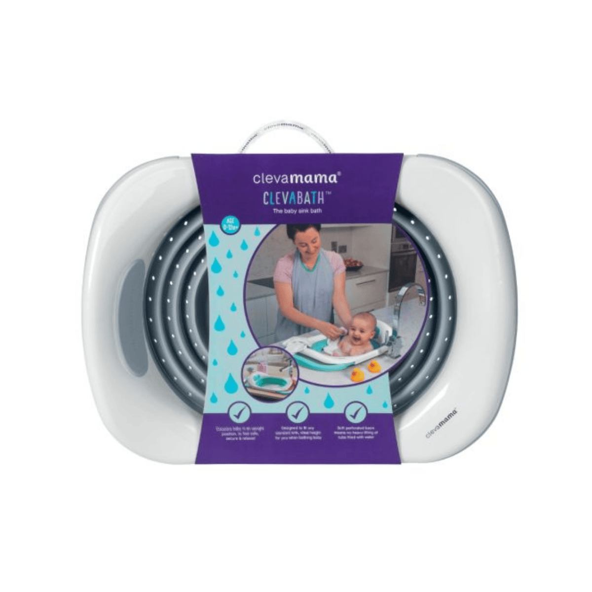 Clevamama Clevabath baby bath seat packaging on a white background