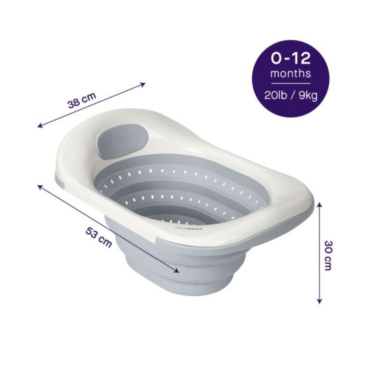 Collapsible baby bathtub with dimensions and weight capacity on a white background