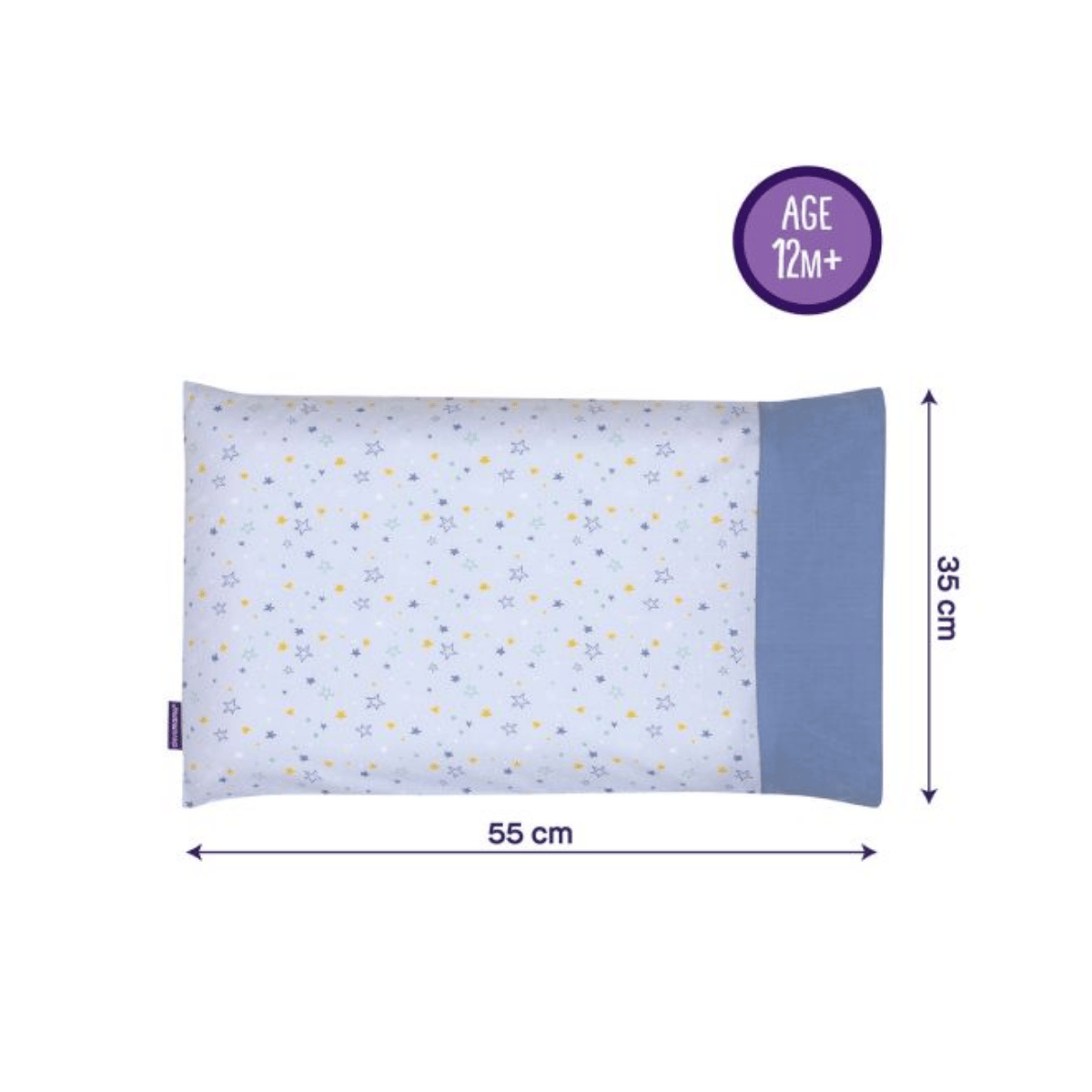 Children's pillow with star pattern and measurements on a white background