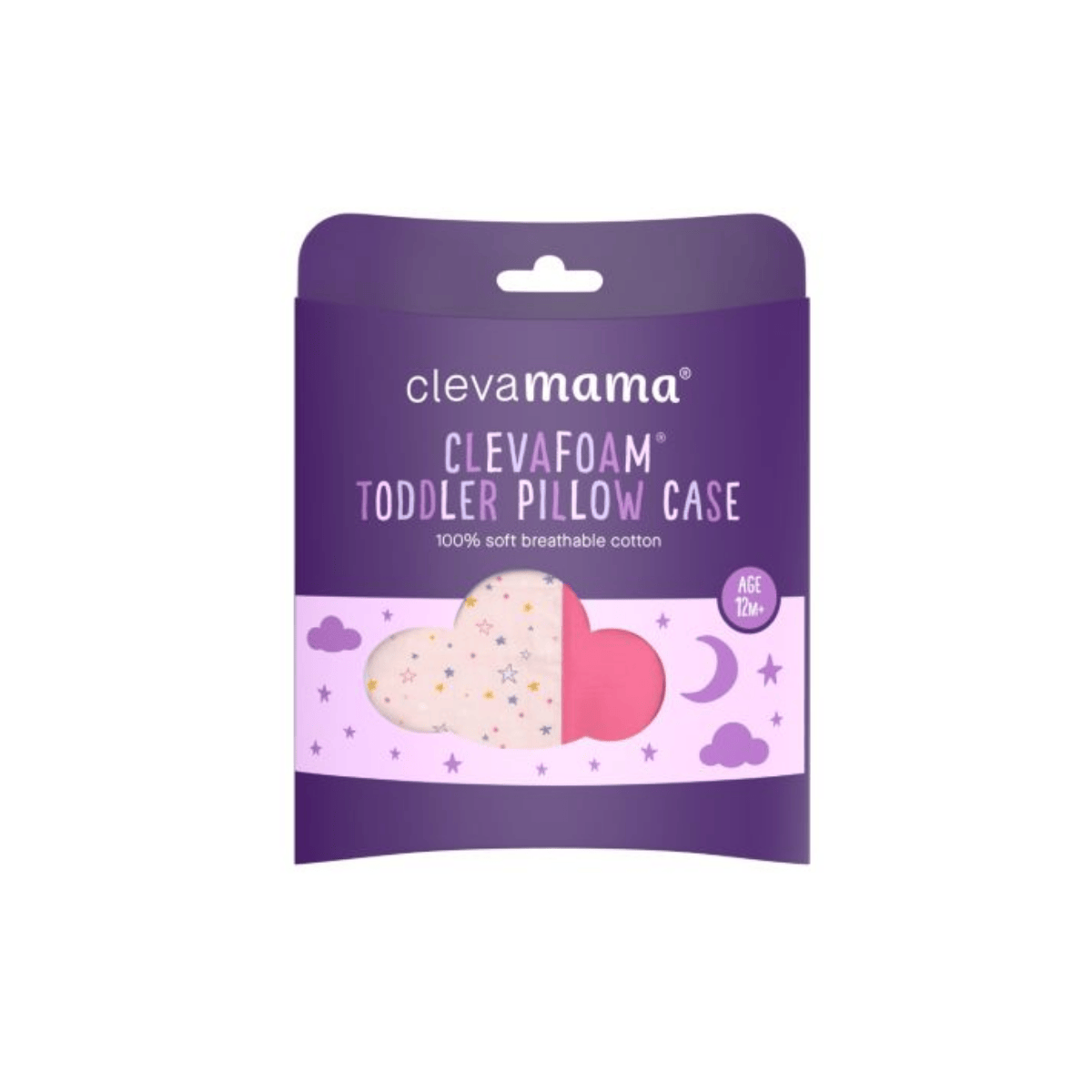 Clevafoam toddler pillow case packaging with purple and pink design on a white background
