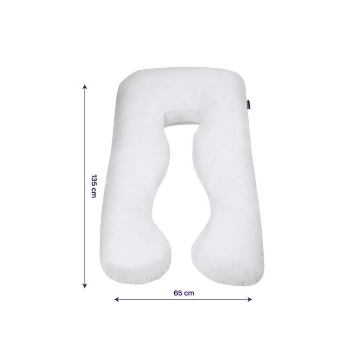 White U-shaped pregnancy pillow with dimensions on a white background