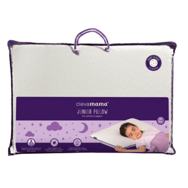 Clevamama junior pillow with purple label on a white background