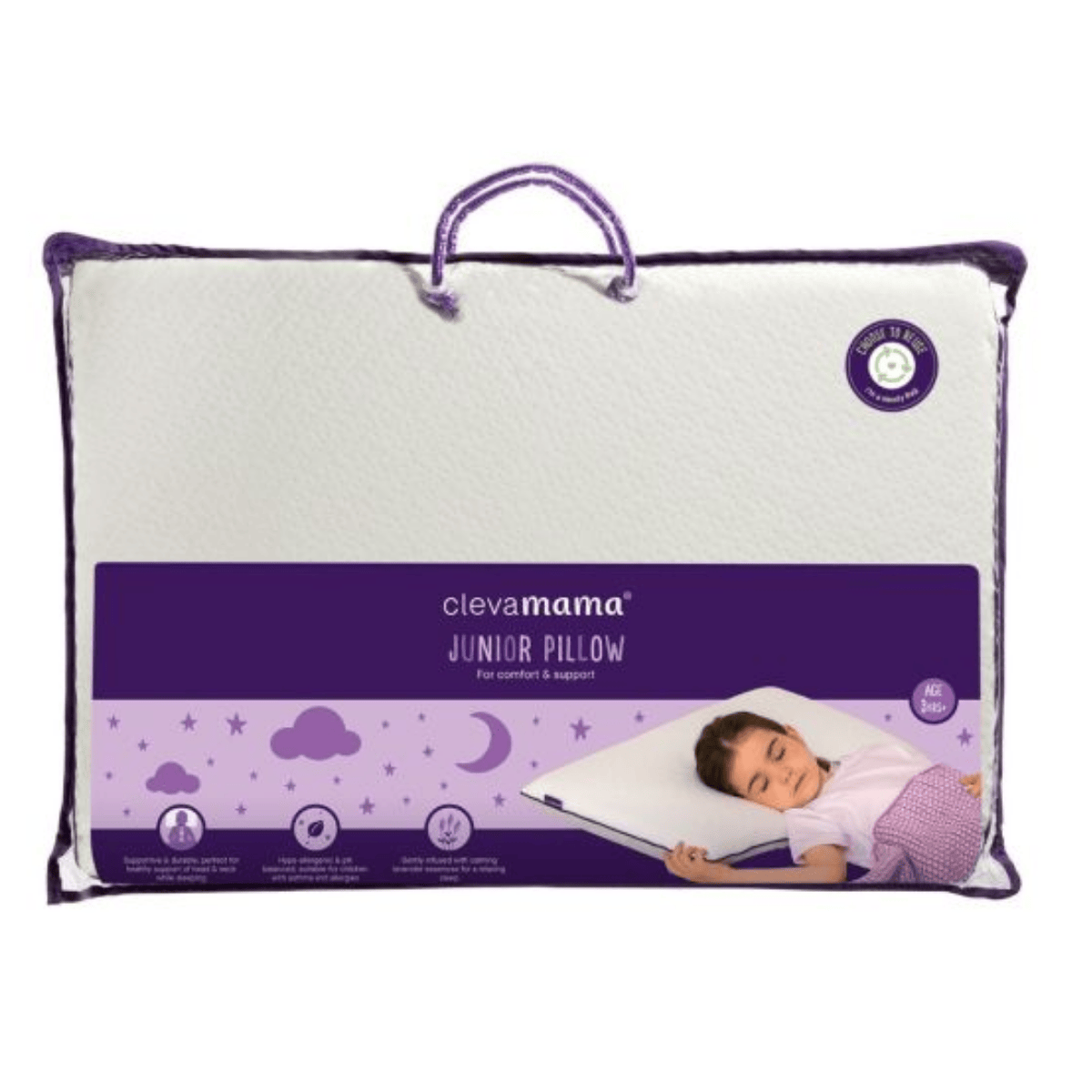 Clevamama junior pillow with purple label on a white background
