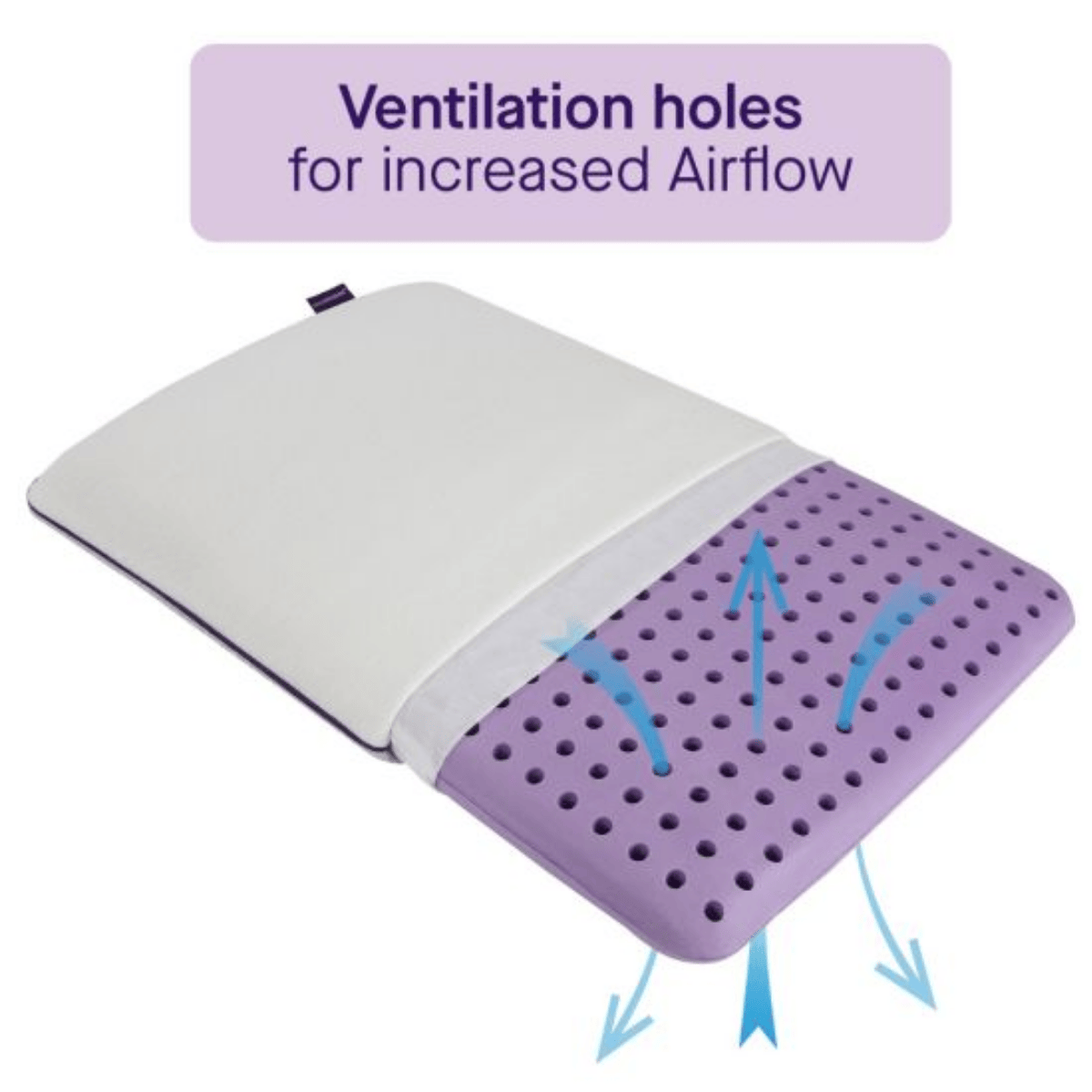 Purple pillow with ventilation holes and text indicating increased airflow on a white background