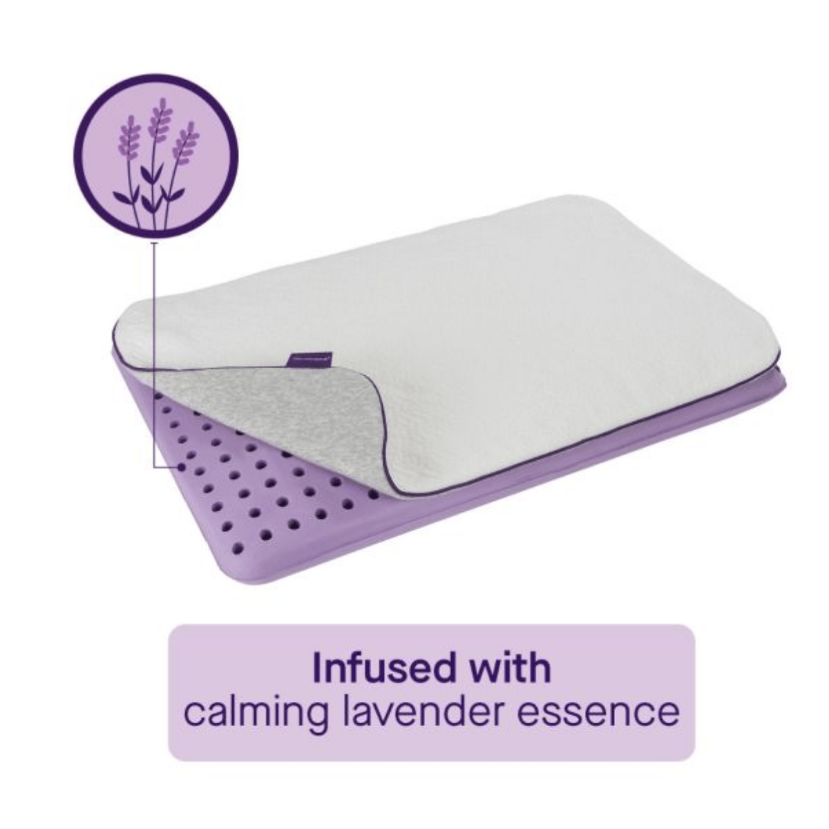Purple and gray pillow with lavender essential oil symbol on a white background