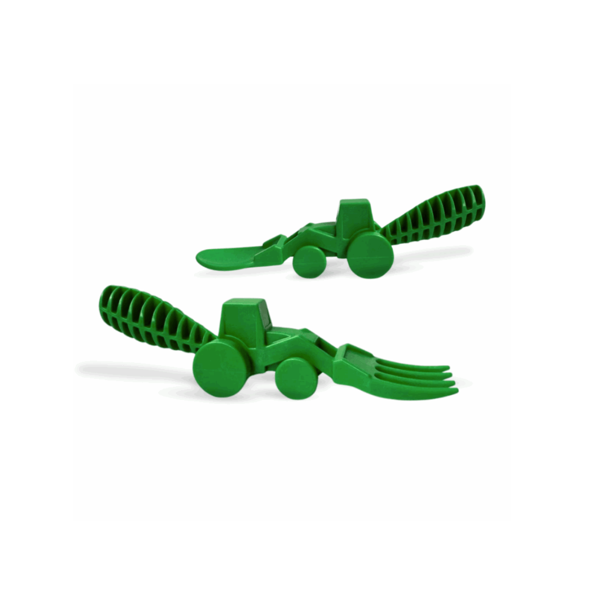 Two green toy bulldozers cuttlery utensils on a white background