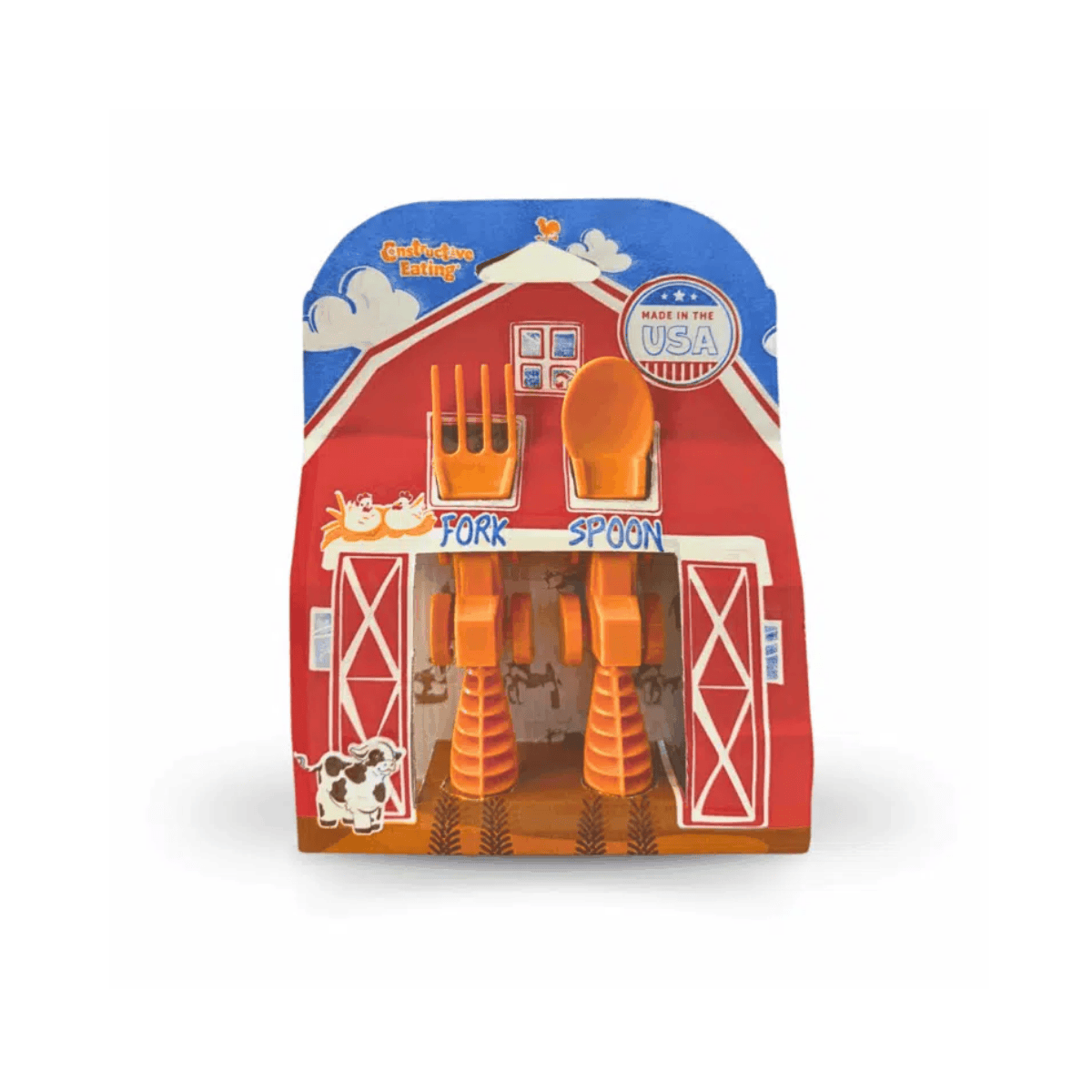 Packaged toy set with a barn design on a white background