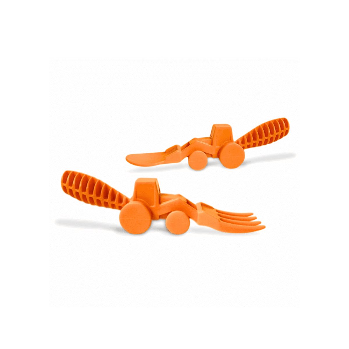 Two orange plastic cuttlery  tools resembling small bulldozers on a white background
