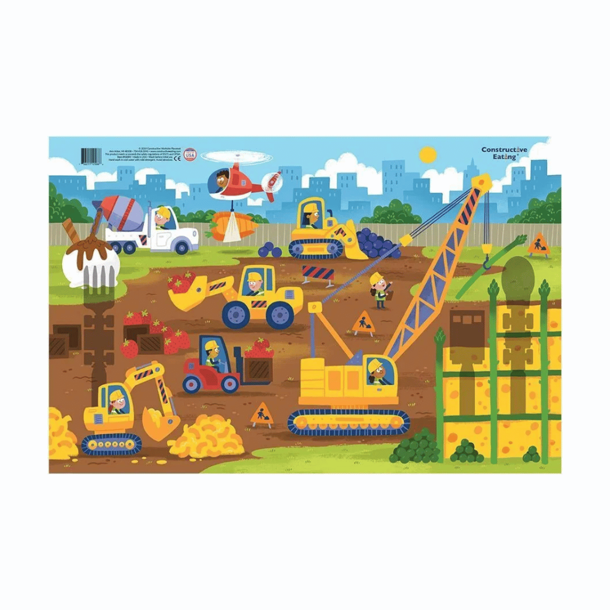 A colorful children's placemat featuring a cartoon construction site with excavators, cranes, a helicopter, workers, and building blocks under a blue city sky.  