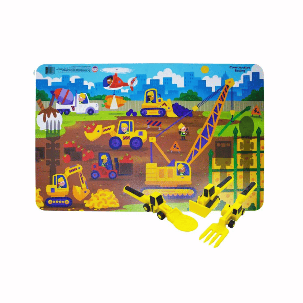 A colorful children's construction-themed placemat with three small toy vehicles placed in front on a white background.