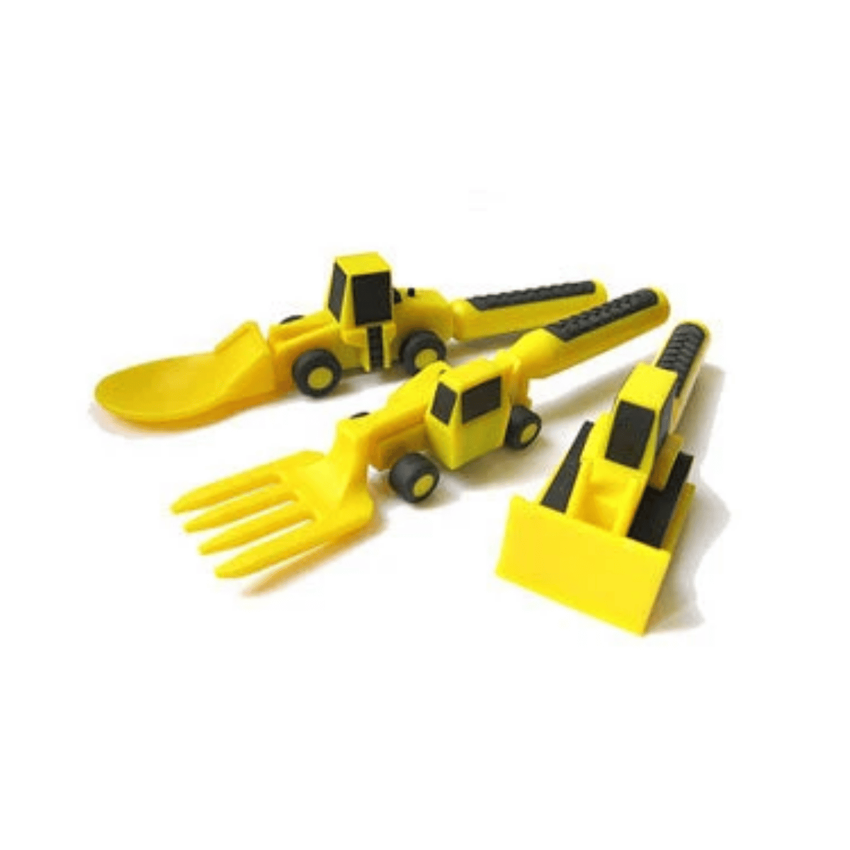 Three yellow construction vehicle-shaped utensils, including a shovel, a fork, and a scoop, displayed on a clean white background.