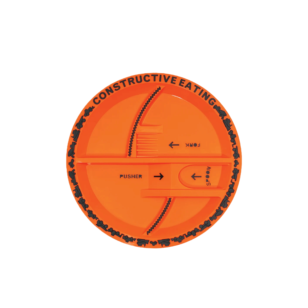 An orange plastic plate with a built-in lid, featuring black text reading 'CONSTRUCTIVE EATING' around the rim and directional arrows and labels for fingers, pusher, and palms.