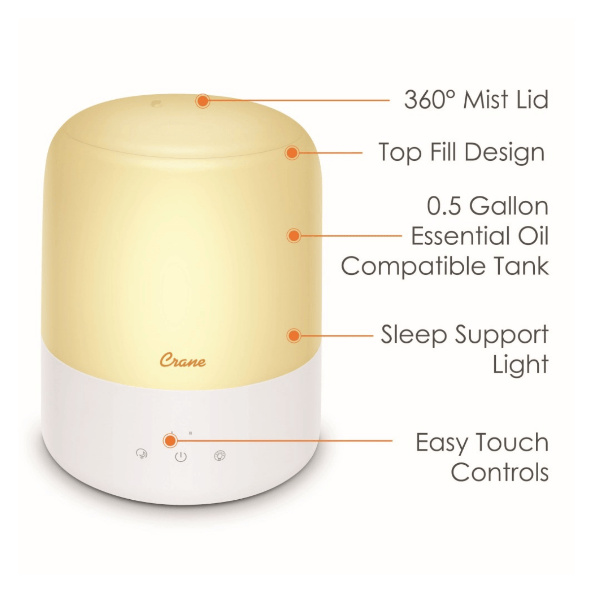 Gold and white essential oil diffuser with features labeled on a white background