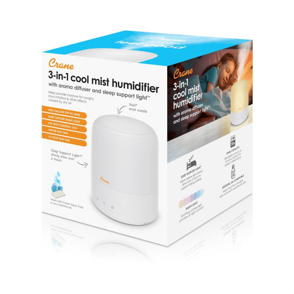 Box of Crane 3-in-1 cool mist humidifier with aroma diffuser and sleep support light on a white background.