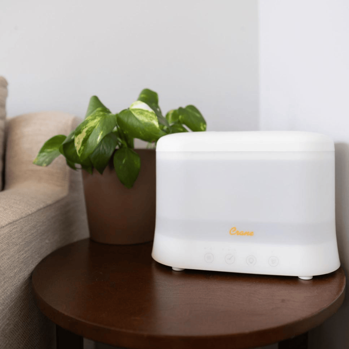 White Crane humidifier device on a wooden table with a plant in the background