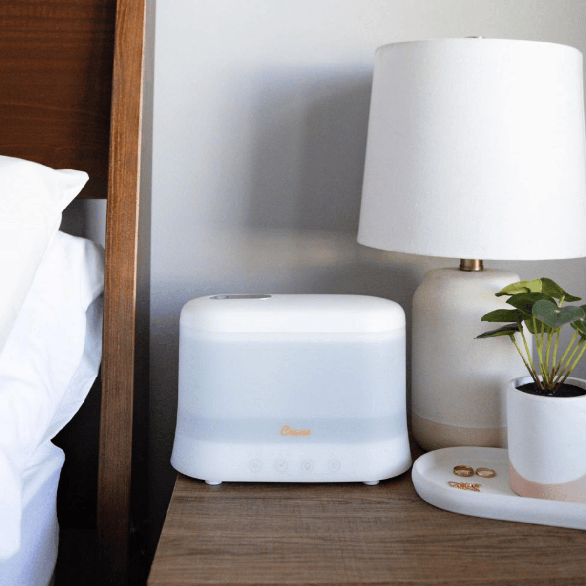 White humidifier on a nightstand next to a lamp and plant in a bedroom setting
