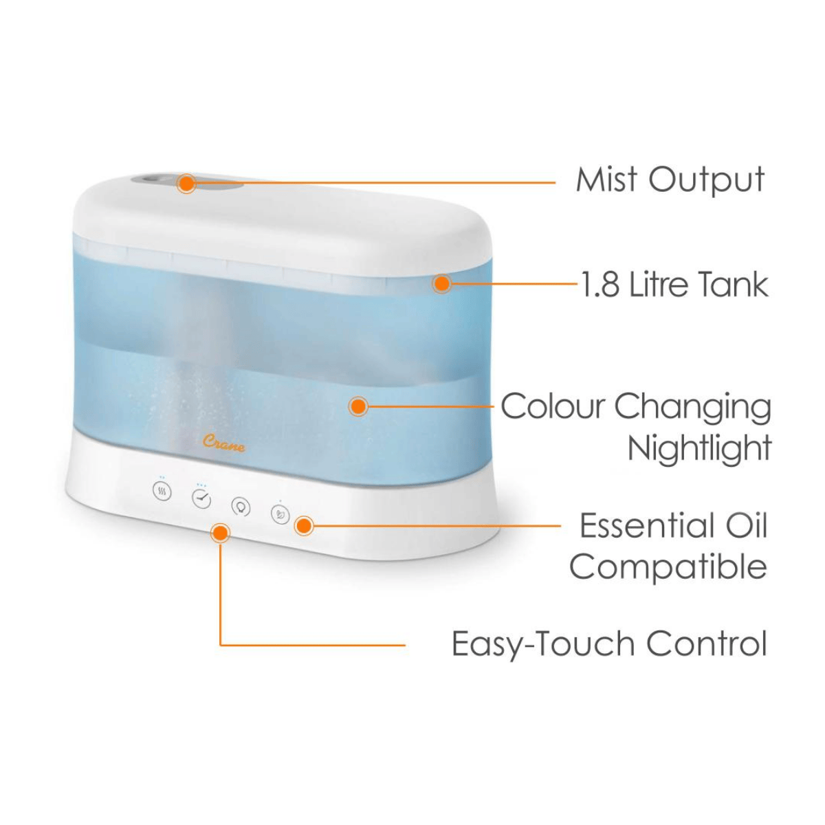 Humidifier with labeled features on a white background