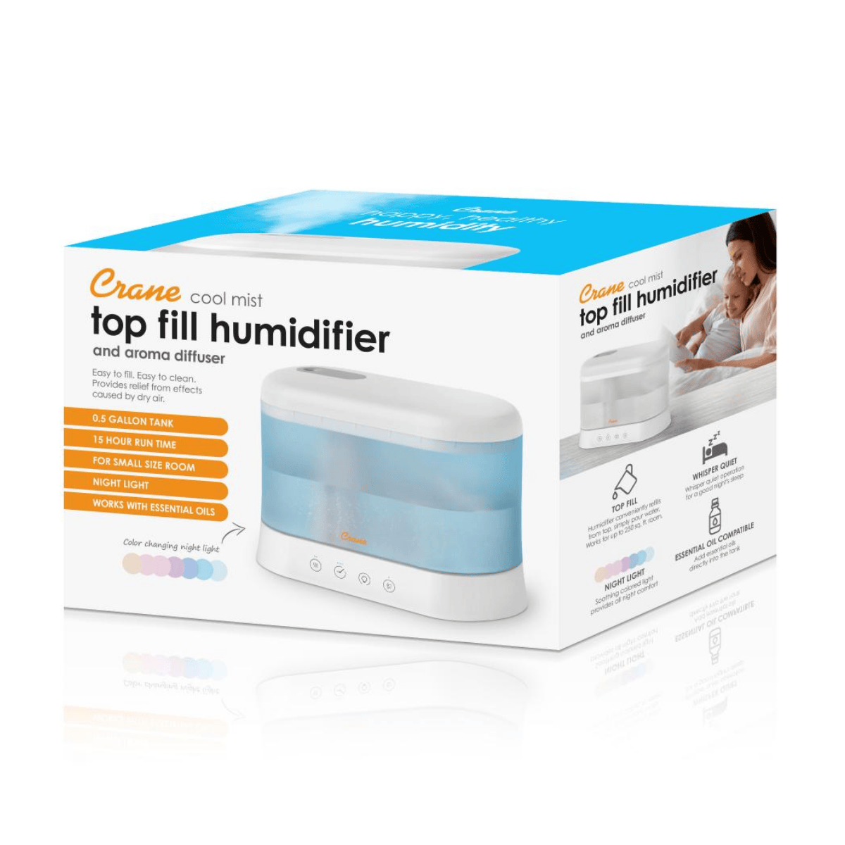Box of Crane cool mist top fill humidifier with a woman and child on the side.