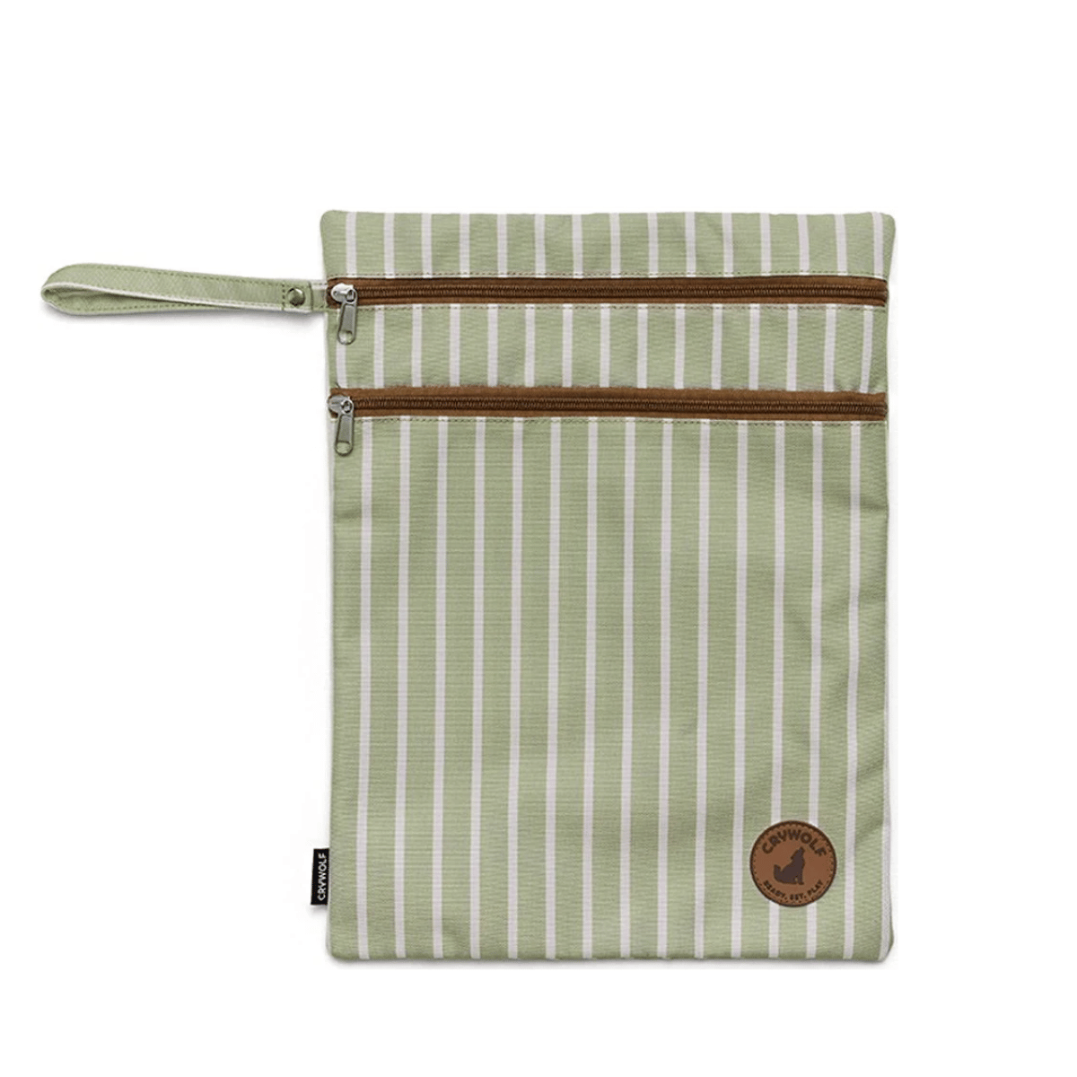 A green and white vertically striped zippered pouch with a wrist strap, brown zipper trims, and a circular brown logo patch on the bottom right.