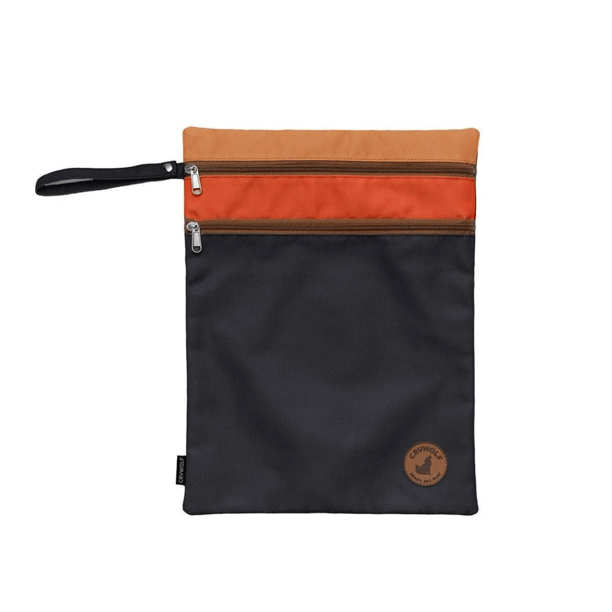 A dark navy wet bag with a top zipper, a brown and orange horizontal stripe across the top, a black wrist strap, and a circular brown logo patch on the bottom right, shown on a white background.