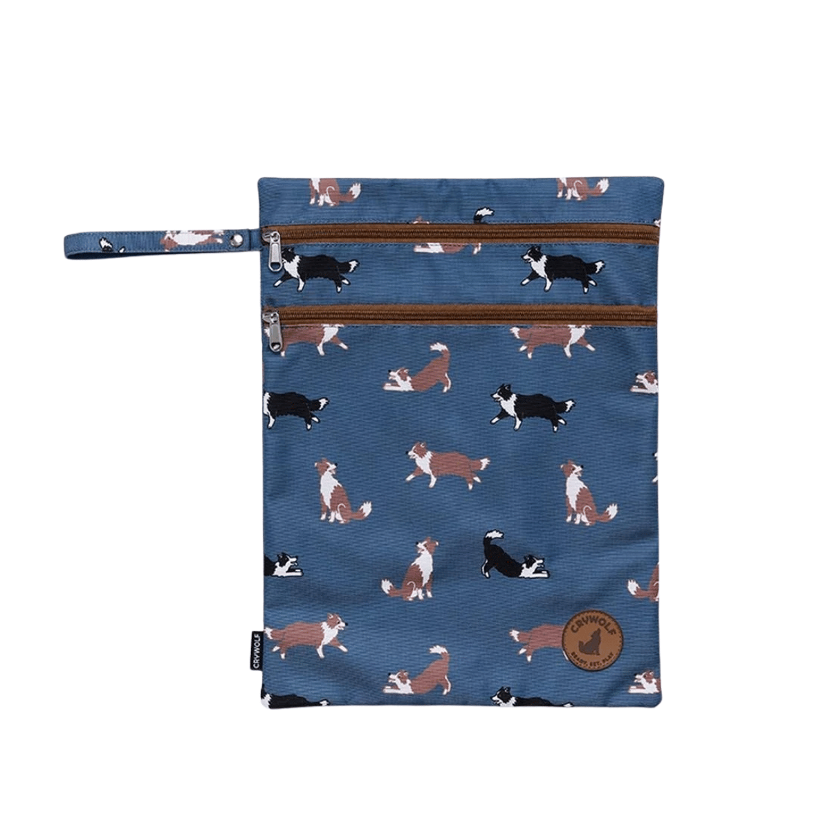 A blue zippered pouch with an all-over print of various dog illustrations in black, white, and brown. The pouch features a matching blue wrist strap and a small brown circular logo patch on the bottom right.