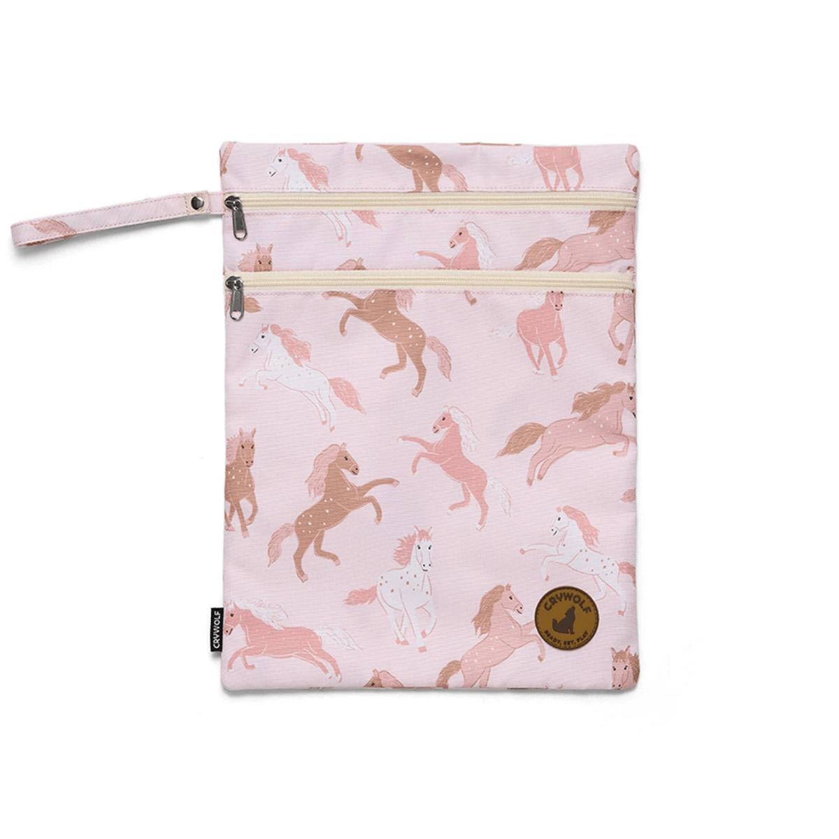 A light pink fabric pouch with an allover pattern of rearing horses in shades of pink, beige, and white. The pouch features two cream-colored zippers, a matching wrist strap, and a circular brown leather brand patch on the bottom right.